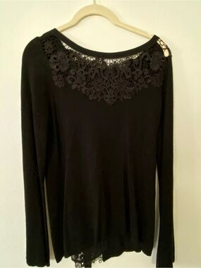 White House Black Market Black Long Sleeve Top with Lace Yoke Detail